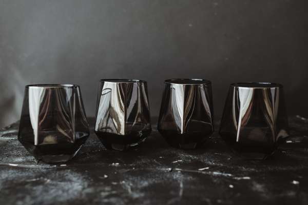 BarTata | King of Cups: Hexagon Shaped Smoky Grey Drinking Glasses with Silver Trim - Set of 4